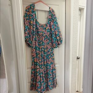 Show Me Your MuMu Teal & Pink Floral Puff-Sleeve Midi Dress